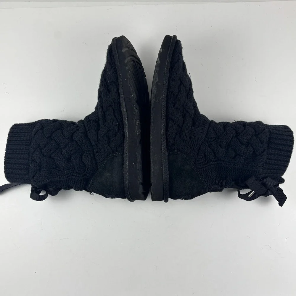 UGG Isla Cable Knit Boots Women 7 Black‎ Ribbon Bow 1008840 Cozy Coquette Bows